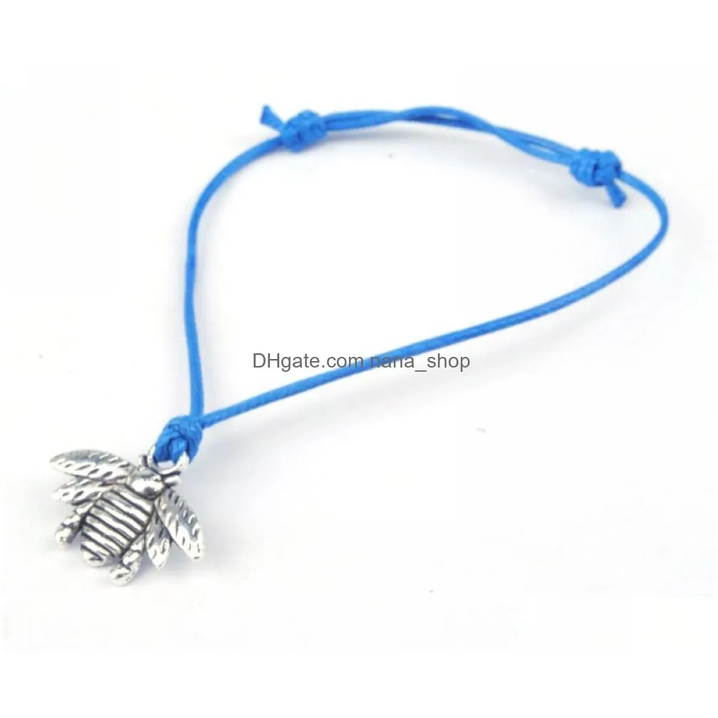 Hot ! 100pcs Antique Silver Zinc Alloy Bee Charms Wax rope Adjustable Bracelets