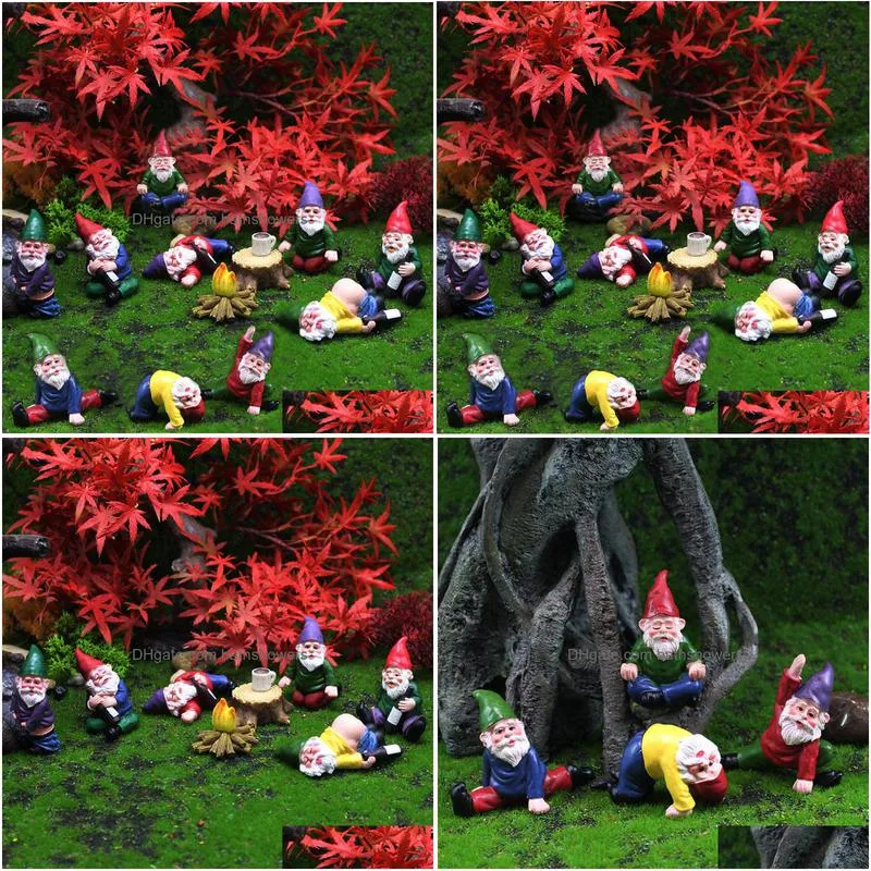 12pc/set mini fairy garden drunk yoga gnomes miniature ornaments set dwarf bonfire statues flowerpot garden decor accessories 220212