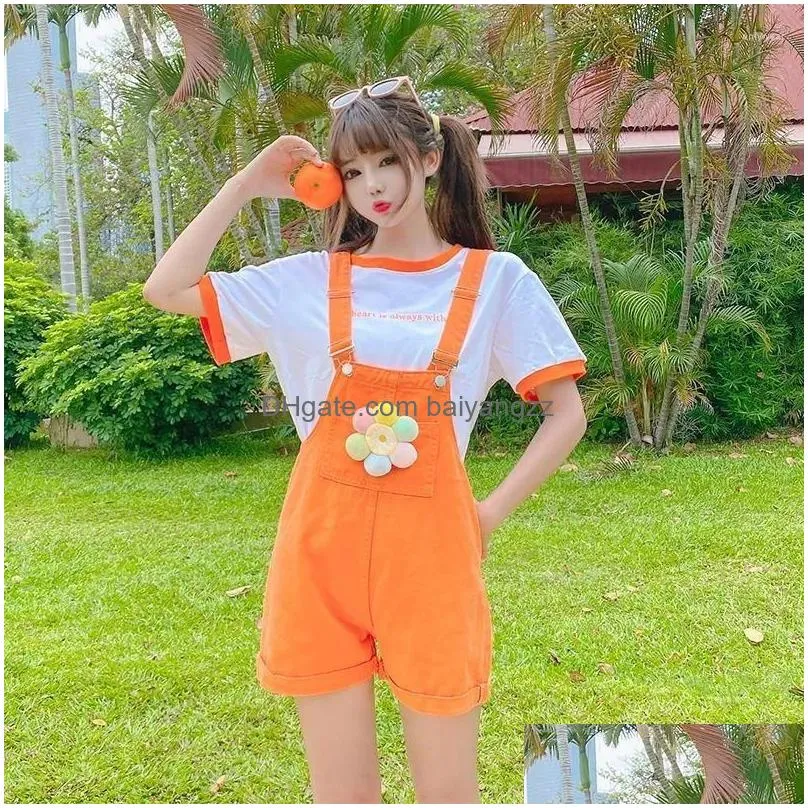 Women`s Shorts Japanese Harajuku Orange Overalls For Women Girl Summer Kawaii Cute Suspender Jumpsuit Holiday Teenage Vacation Clothes