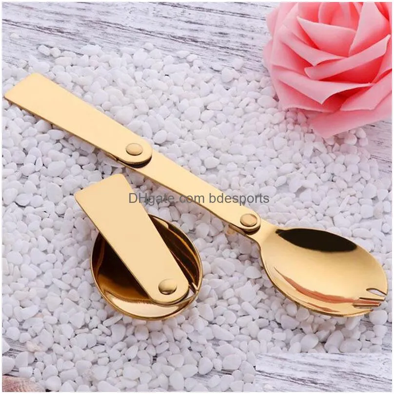 Folding Spoon Rose Gold Stainless Steel Spoons Portable Outdoor Camping Tableware With Plastic Box Buckle ZA6321