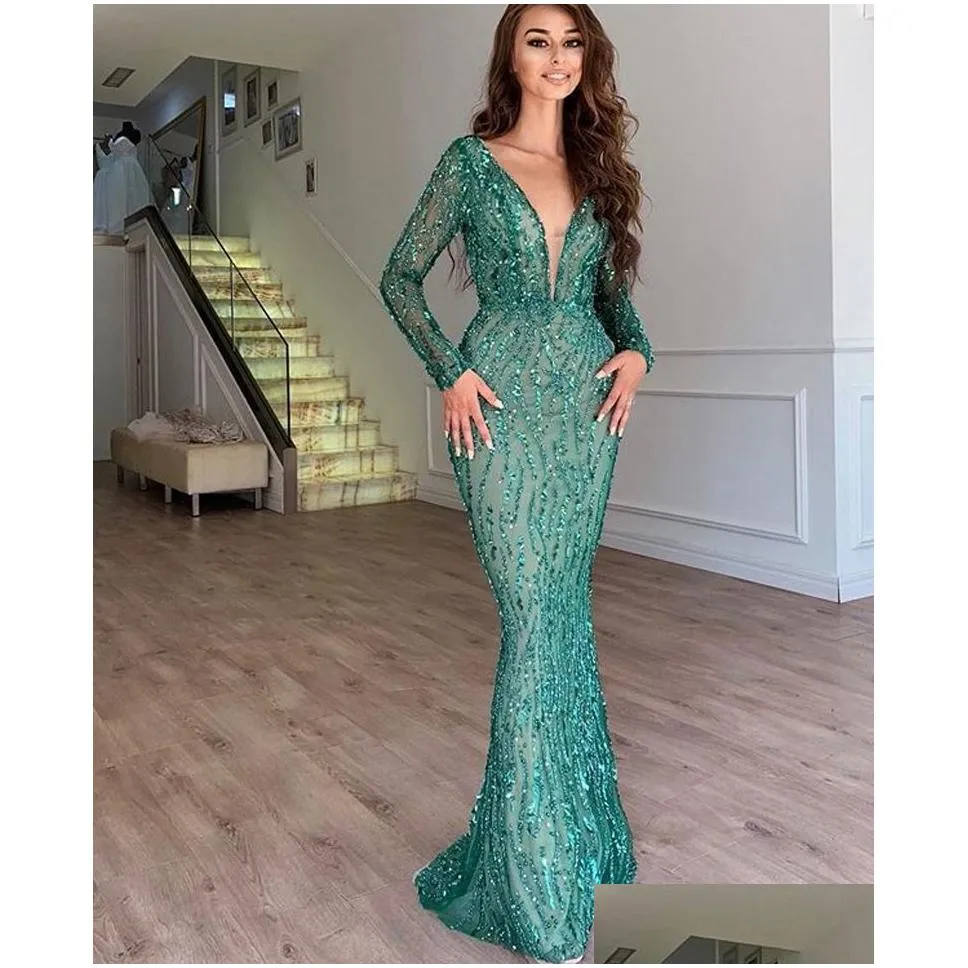 Evening Dresses 2021 Sequined Evening Dresses Off Shoder Long Sleeves Side Split Prom Celebrity Gowns Feather Y Plus Size Formal Drop Dh2M5
