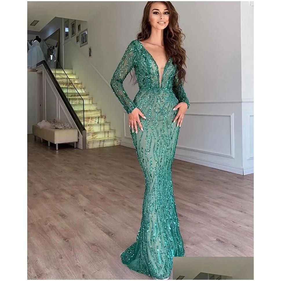 Evening Dresses 2021 Sequined Evening Dresses Off Shoder Long Sleeves Side Split Prom Celebrity Gowns Feather Y Plus Size Formal Drop Dh2M5