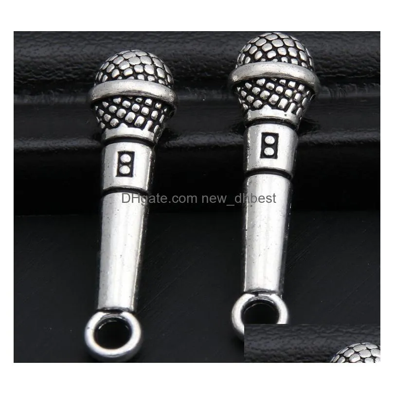 50pcs Antique Silver Microphone Charms Pendant Music Lovers Jewelry Supplies Handmade For DIY Making Earrings Bracelet 7x21mm