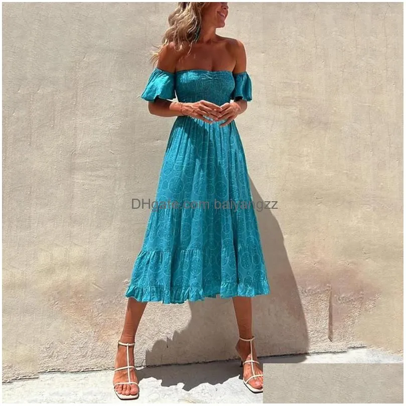 Casual Dresses Holiday Boho Maxi Dress Women Off Shoulder Backless Flare Sleeve Floral Print High Waist Party Ladies Swing Vestidos
