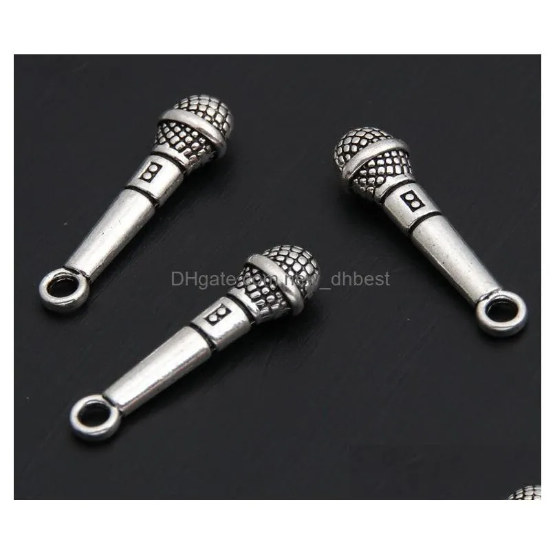 50pcs Antique Silver Microphone Charms Pendant Music Lovers Jewelry Supplies Handmade For DIY Making Earrings Bracelet 7x21mm