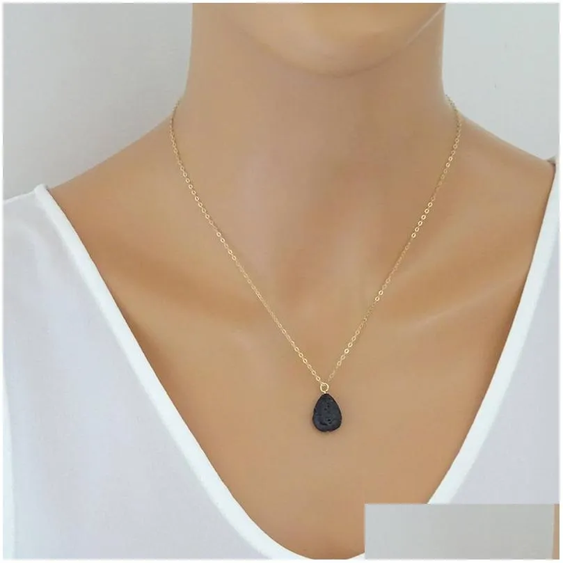 Natural Stone Lava Diffuser Necklace 18K Gold Fill Essential Oil Angel Teardrop Lava Necklaces for Women Ladies Jewelry Top Quality Hot