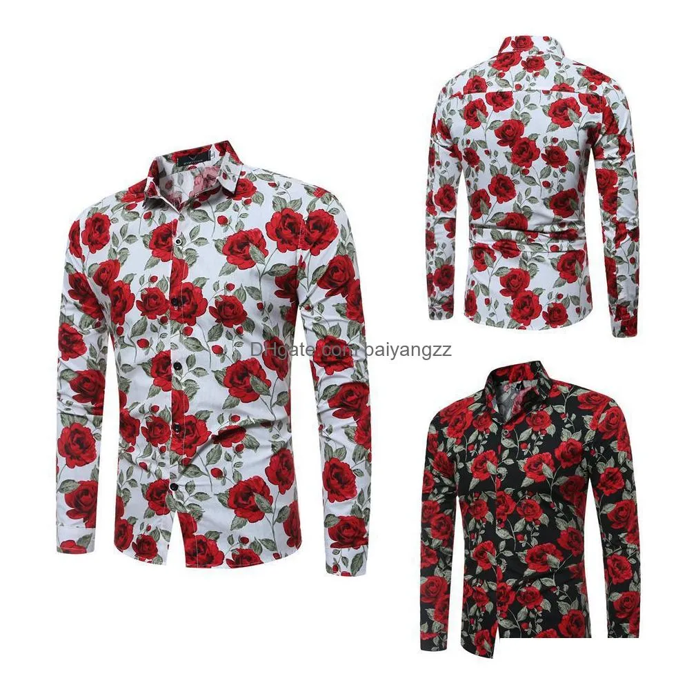  mens long sleeve casual shirt fashion rose flower 3d printed floral shirt turn-down collar slim fit shirt for mens clothing