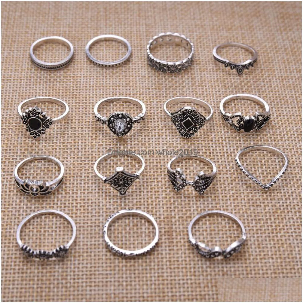 Bohemian Retro Sapphire Ring Set Flower Leaves Gem Antique Gold Silver Crystal Crown Rings for Women Wedding Gift Party Jewelry Wholesale