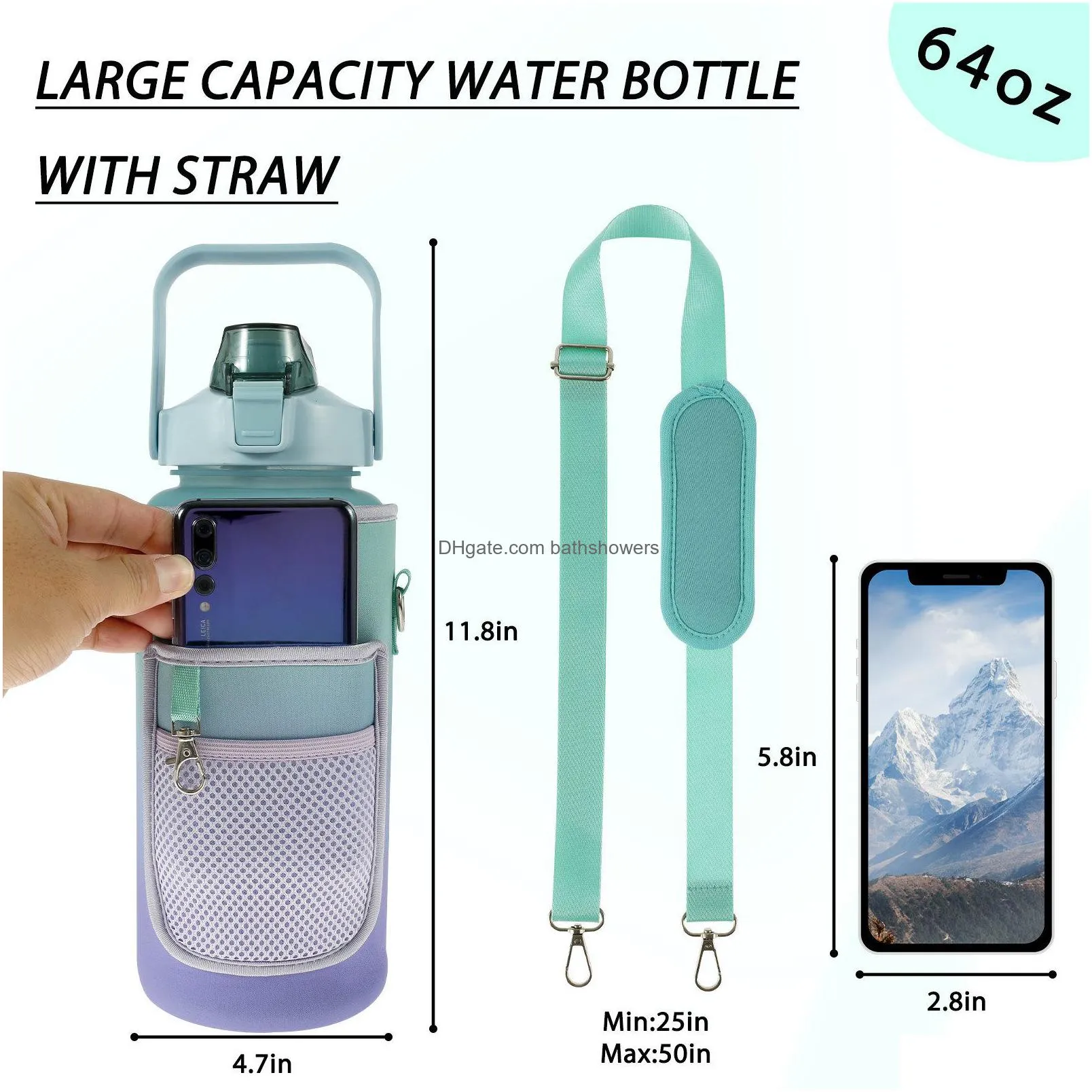 water bottles l sports with straw 2000 ml large capacity drinking bottle protective sleeve time marker leakproof 230303