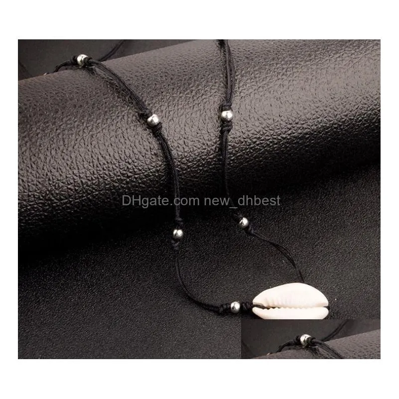 Bohemian Jewelry Simple Black Rope Chain Woven Silver Color Beads Shell Clavicle Choker Necklace for Women Beach Accessories hot