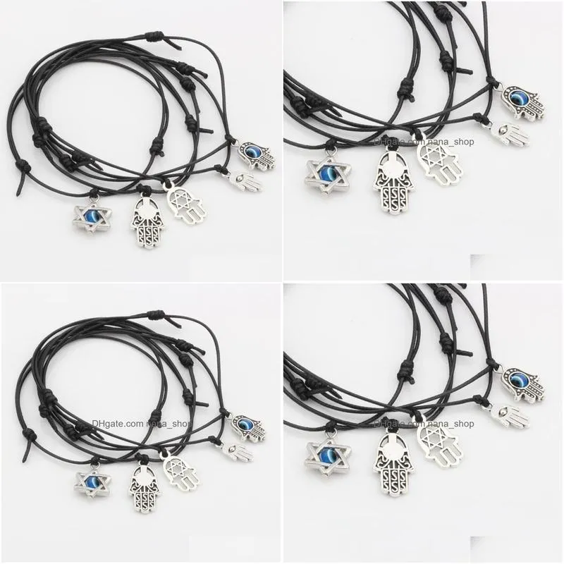 Hot ! 50pcs Mixed Kabbalah Hamsa Hand Star of David Charms Black color Wax rope Adjustable Bracelets