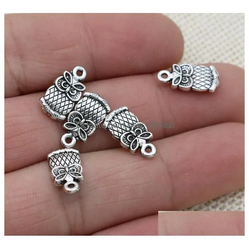 200pcs/Lot Antique Silver Plated Owl Charms Pendants for Jewelry Making Bracelet DIY 15x7mm
