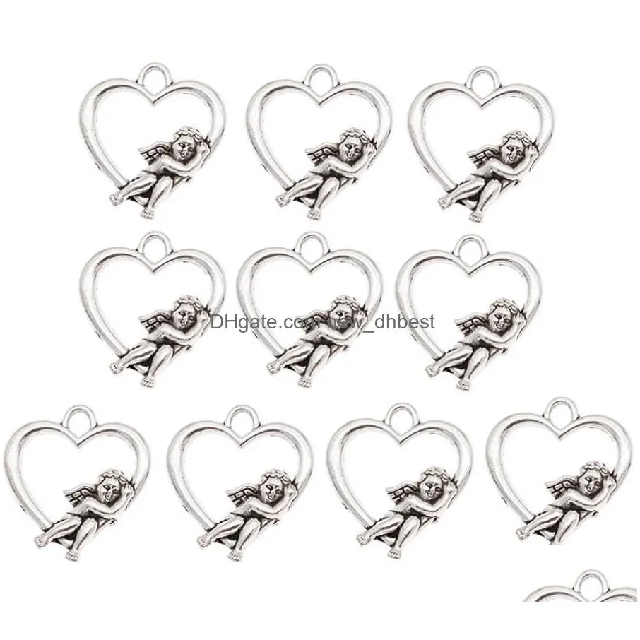 100Pcs/lot Antique Silver Plated Angel Wings Cupid Love Heart Charms Pendant Bracelets Necklace Jewelry Making Craft DIY 20x18mm