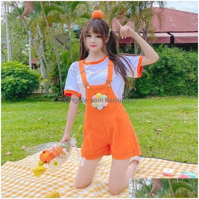 Women`s Shorts Japanese Harajuku Orange Overalls For Women Girl Summer Kawaii Cute Suspender Jumpsuit Holiday Teenage Vacation Clothes