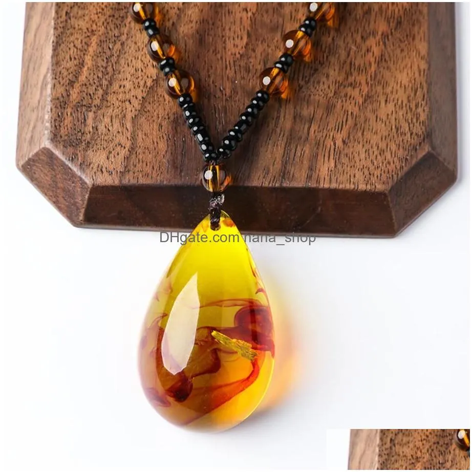 Vintage Amber Fossil Necklace Water Drop Insect Pendant Rope Chain Hip Hop Necklaces for Men Insect Jewelry Party Anniversary Gift