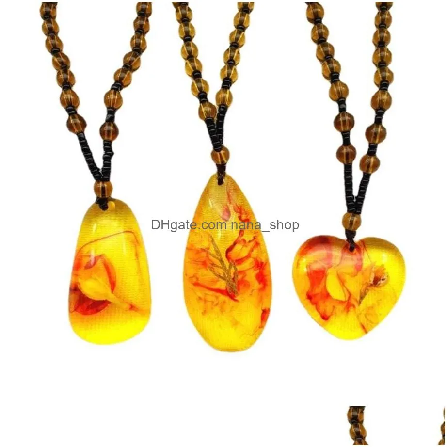 Vintage Amber Fossil Necklace Water Drop Insect Pendant Rope Chain Hip Hop Necklaces for Men Insect Jewelry Party Anniversary Gift