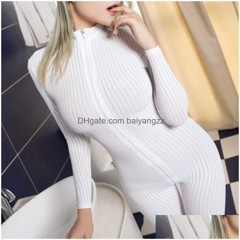 catsuit costumes women lingerie crotchless bodysuit long sleeve zipper jumpsuit nightwear