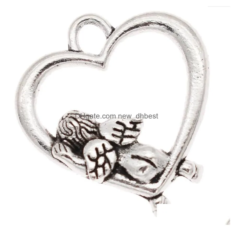 100Pcs/lot Antique Silver Plated Angel Wings Cupid Love Heart Charms Pendant Bracelets Necklace Jewelry Making Craft DIY 20x18mm