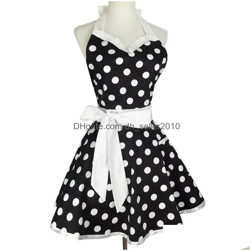 XiuMood Retro Cute Sexy Waiter Apron Dress With Pocket Cotton White Lace Black Polka Dot Kitchen Chef Cooking Aprons For Woman 201007