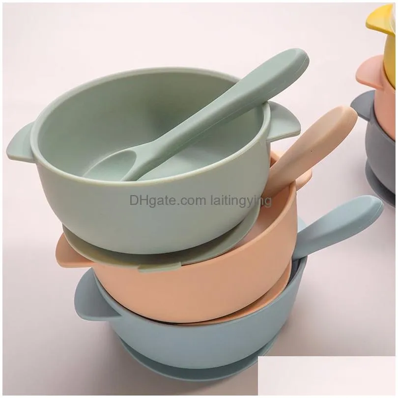 cups dishes utensils high quality silicone baby sucker bowl with lid bpa waterproof toddler plate set portable spoon for kids