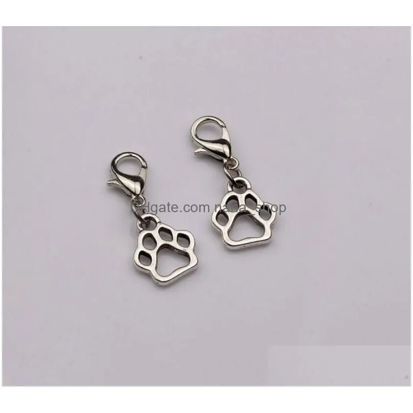 100Pcs Hollow Dog Paw Floating Lobster Clasps Charm Pendants Jewelry Making DIY Handmade Craft 11x27mm Antique Silver