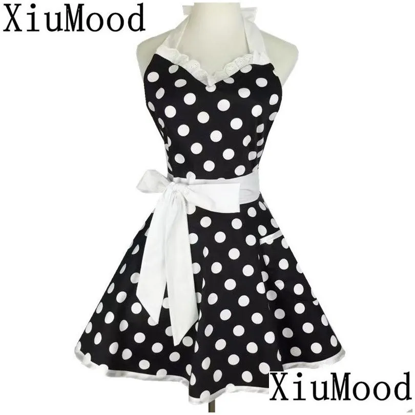 XiuMood Retro Cute Sexy Waiter Apron Dress With Pocket Cotton White Lace Black Polka Dot Kitchen Chef Cooking Aprons For Woman 201007