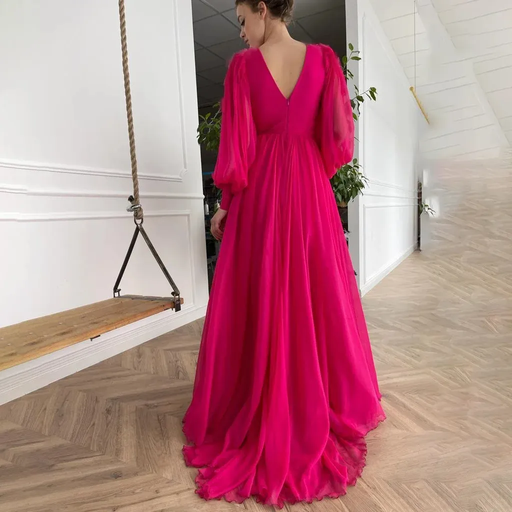 High Split V Neck Ruched Chiffon Evening Dress Custom Made Simple Long Puff Sleeves A Line Pleated Backless Cocktail Prom Gowns