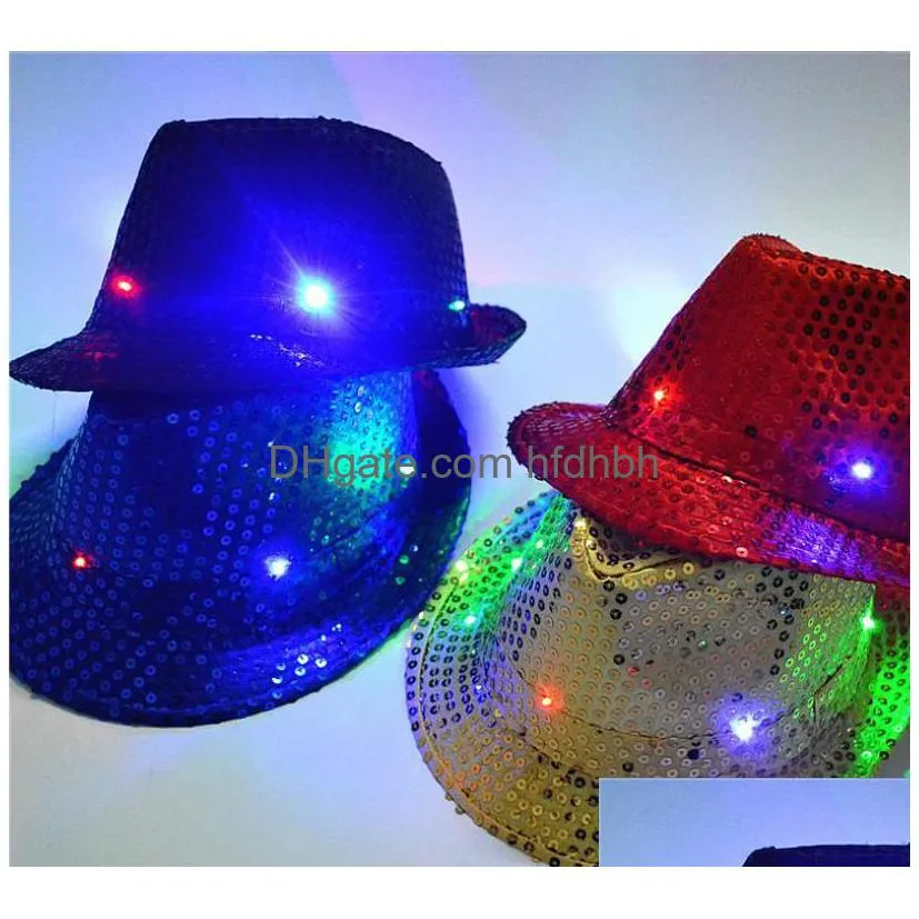 Novelty Lighting Led Flash Sequins Glowing Hat Adts Children Hip-Hop Light Up Jazz Cap Dance Club Event Party Birthday Stage Perform Dhqzi