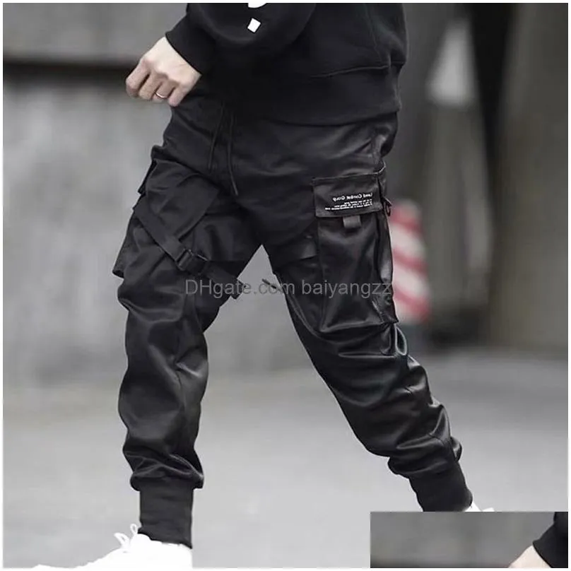 men cargo pants overalls ribbons harem joggers harajuku sweatpant cool fashion hip hop trousers hh88