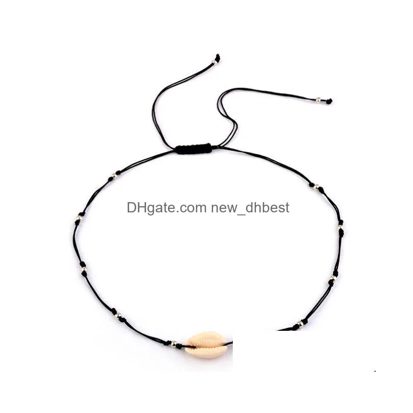 Bohemian Jewelry Simple Black Rope Chain Woven Silver Color Beads Shell Clavicle Choker Necklace for Women Beach Accessories hot