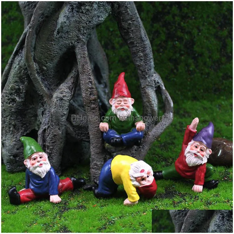 12pc/set mini fairy garden drunk yoga gnomes miniature ornaments set dwarf bonfire statues flowerpot garden decor accessories 220212