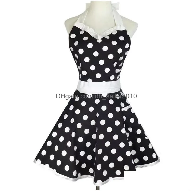 XiuMood Retro Cute Sexy Waiter Apron Dress With Pocket Cotton White Lace Black Polka Dot Kitchen Chef Cooking Aprons For Woman 201007