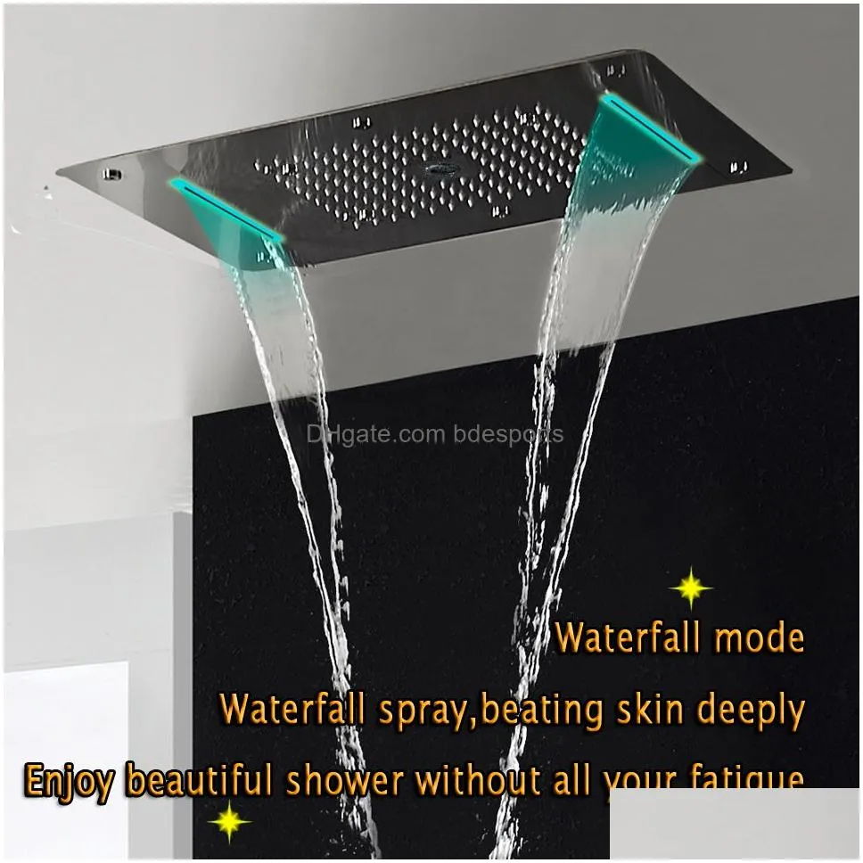 Thermostatic Shower Panel Stainless Steel LED Rain Waterfall Big Shower Head Ceiling Bathroom Faucet Set Wall Mounted Rainfall Faucets