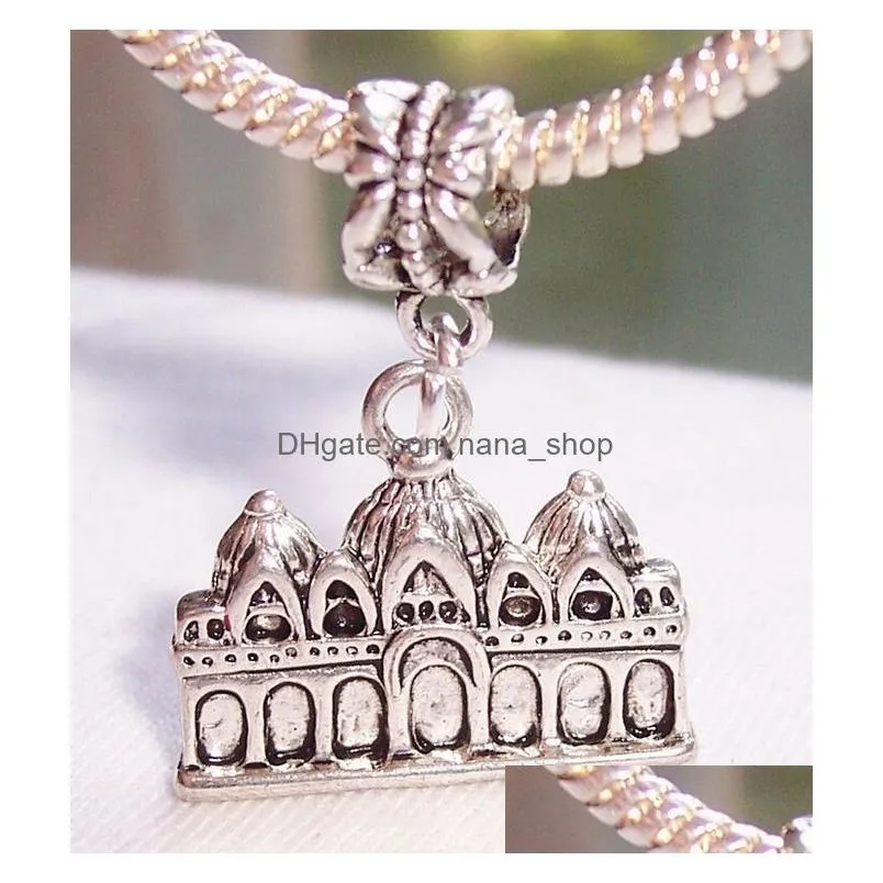 Hot ! 50pcs Antique Silver Zinc Alloy Venice Italy Church Dangle Bead fit European Charm Bracelet 31.5 x 22.5 x 5 mm DIY Jewelry