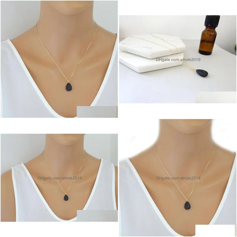 Natural Stone Lava Diffuser Necklace 18K Gold Fill Essential Oil Angel Teardrop Lava Necklaces for Women Ladies Jewelry Top Quality Hot