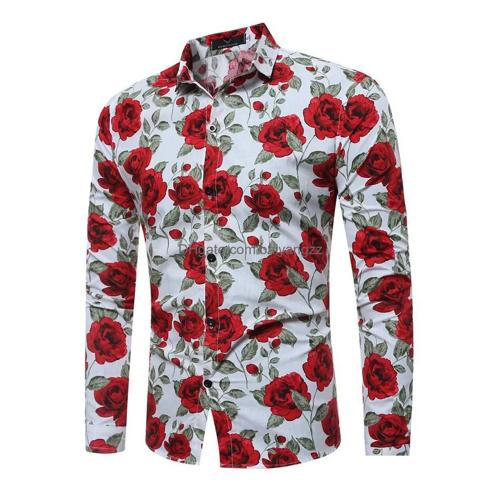New Men`s Long Sleeve Casual Shirt Fashion Rose Flower 3D Printed Floral Shirt Turn-down Collar Slim Fit Shirt For Mens Clothing