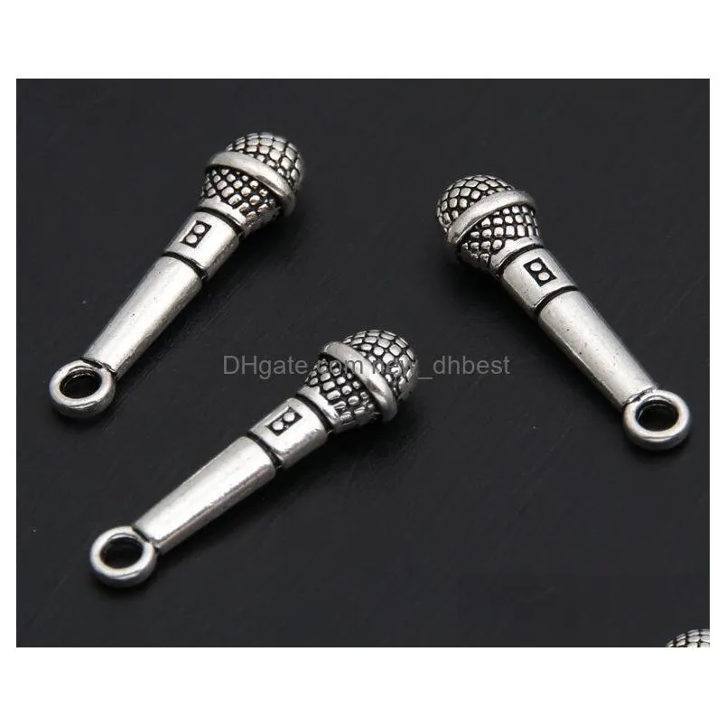 50pcs Antique Silver Microphone Charms Pendant Music Lovers Jewelry Supplies Handmade For DIY Making Earrings Bracelet 7x21mm