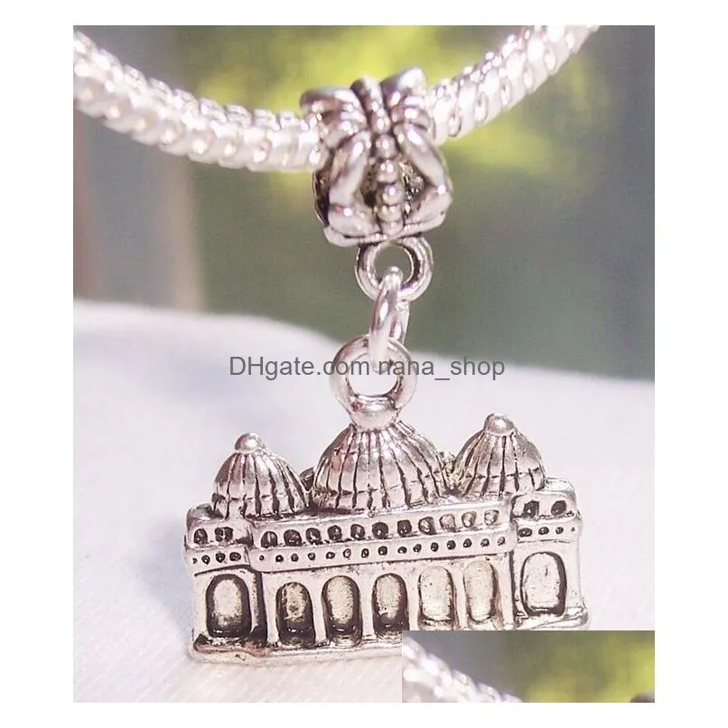 Hot ! 50pcs Antique Silver Zinc Alloy Venice Italy Church Dangle Bead fit European Charm Bracelet 31.5 x 22.5 x 5 mm DIY Jewelry