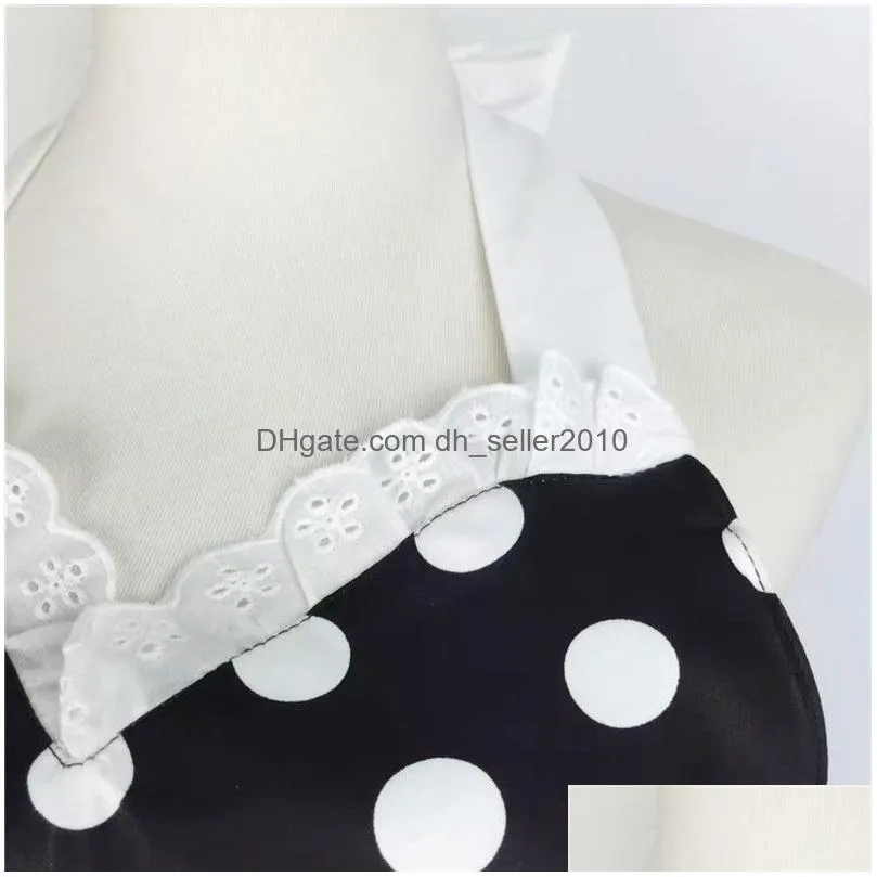 XiuMood Retro Cute Sexy Waiter Apron Dress With Pocket Cotton White Lace Black Polka Dot Kitchen Chef Cooking Aprons For Woman 201007