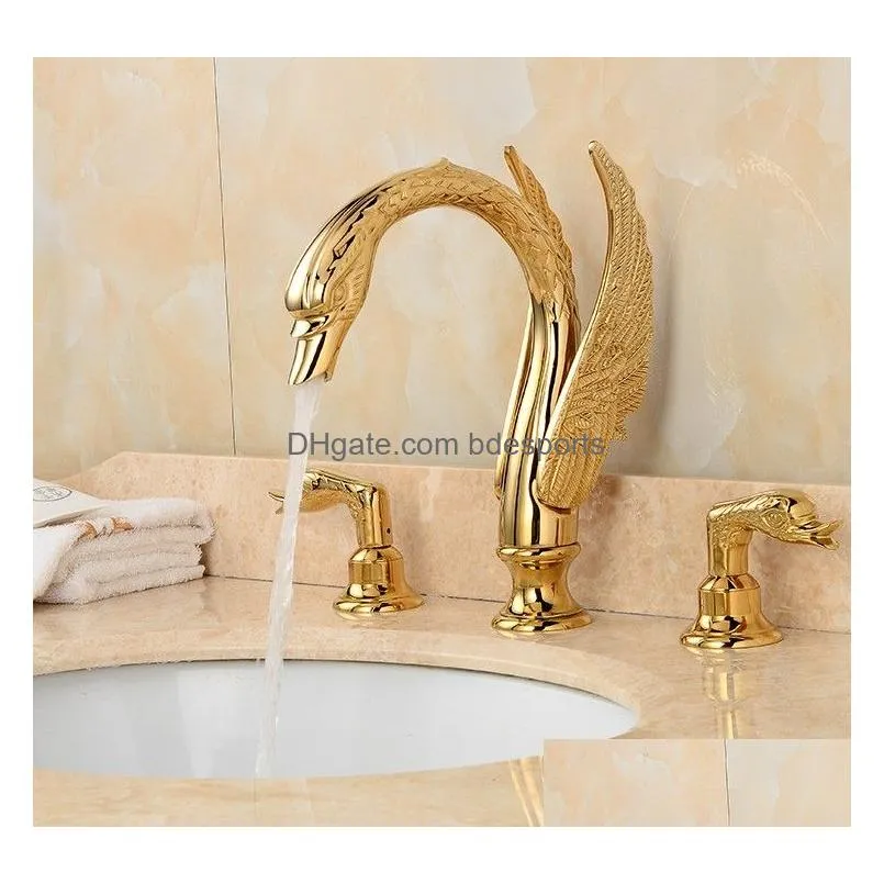 Soild Copper Gold Finish Bathroom Faucet Golden Swan Shape Basin Tap Dual Handle Deck Mount