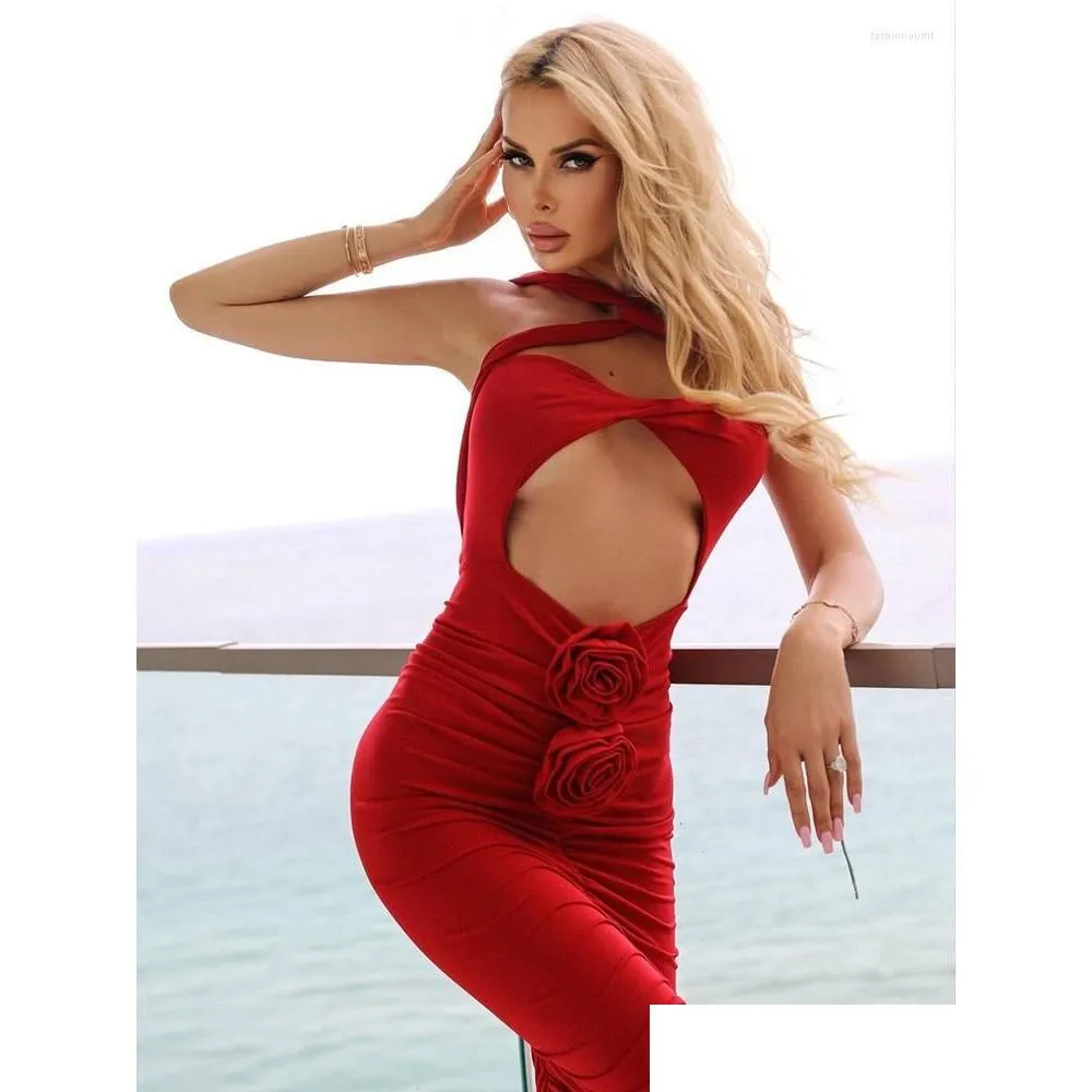 casual dresses  red for women sexy backless 3d flowers design sleeveless draped long dress party evening vestidos