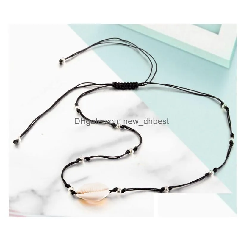 Bohemian Jewelry Simple Black Rope Chain Woven Silver Color Beads Shell Clavicle Choker Necklace for Women Beach Accessories hot