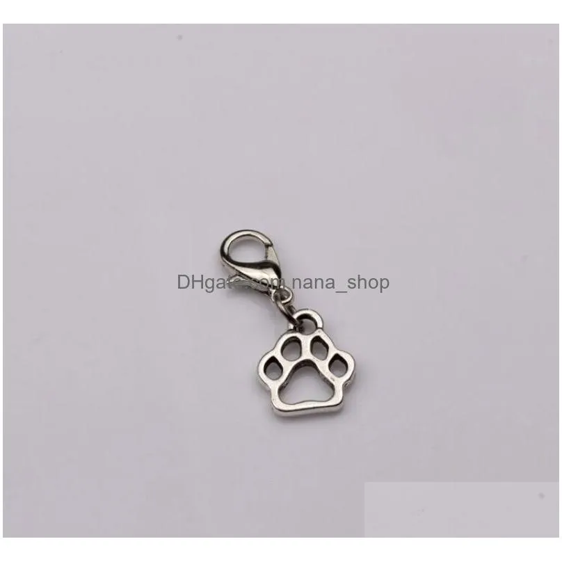 100Pcs Hollow Dog Paw Floating Lobster Clasps Charm Pendants Jewelry Making DIY Handmade Craft 11x27mm Antique Silver