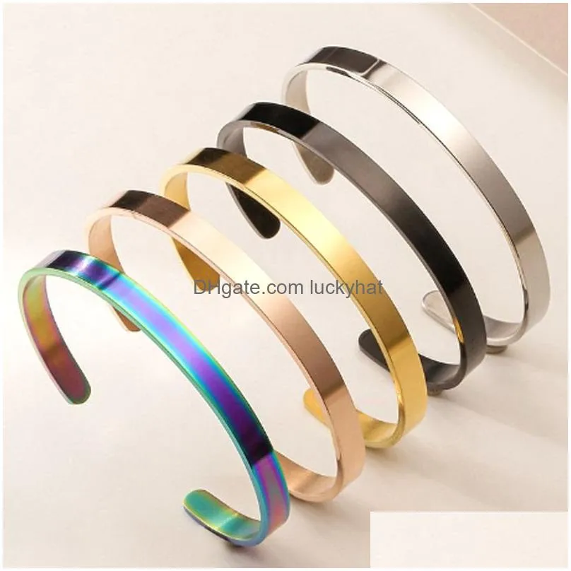 Fashion 6MM Thin Cuff Bangle 316L Stainless Steel Smooth Open Ring C Bracelet for Women Men Wristband Bracelets Lovers Jewelry