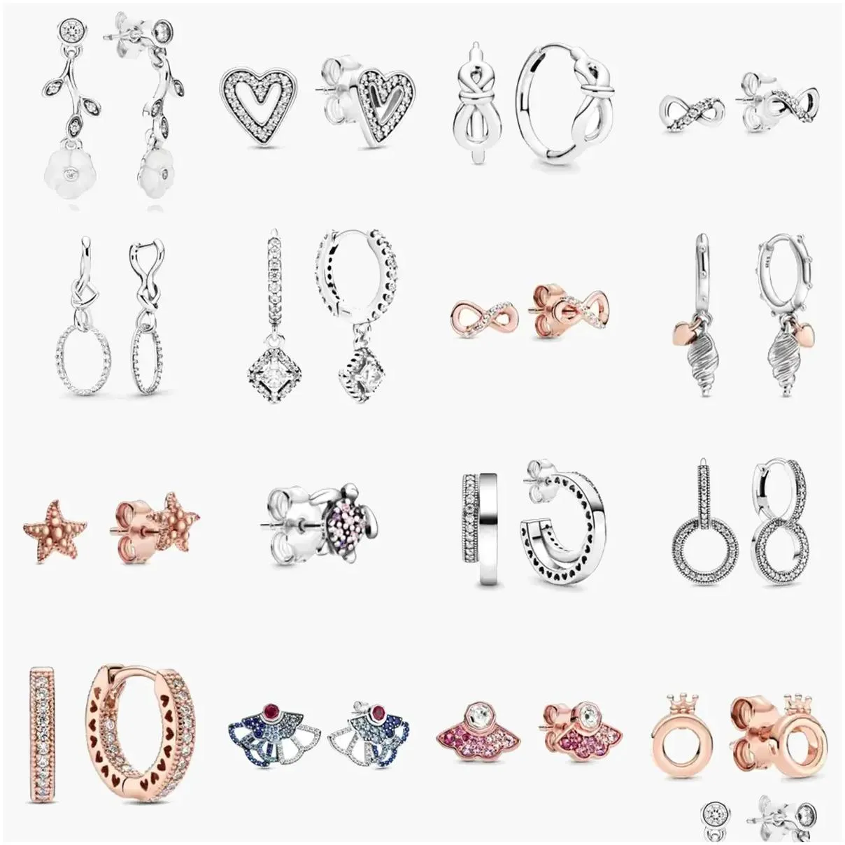 925 Sterling Silver stud Brand New Sparkling Double Hoop Earrings High Jewelry rose gold star love Ear Studs charm Dust Bag Gifts fit Pandora