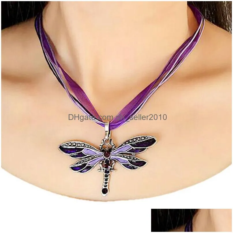 Vintage Enamel Dragonfly Pendant Necklace for Women Choker Necklaces With Rhinestone Wax Rope Chain Collar Fashion Jewelry