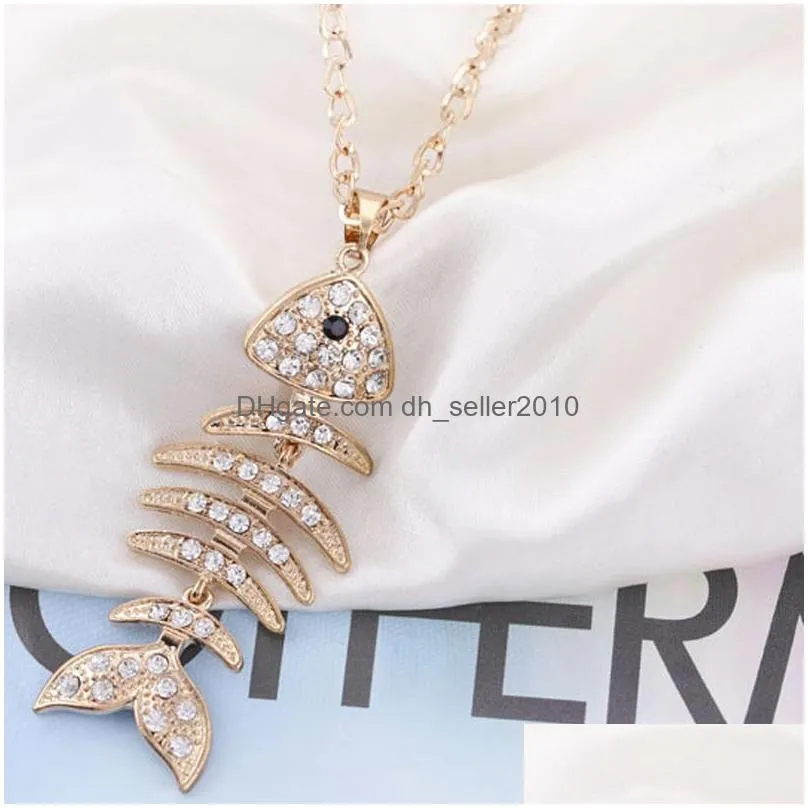 Crystal Rhinestone Fishbone Pendant Necklace for Women Lady Fashion Sweater Chain Long Necklace Gold Silver Plated Jewelry Wholesale