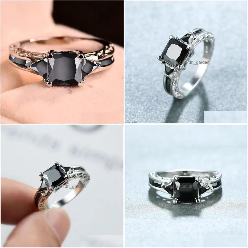 Band Rings Sier Trendy Ring For Women Elegant Princess Black Zircon Stones Wedding Drop Delivery Jewelry Ring Dhgarden Otugj