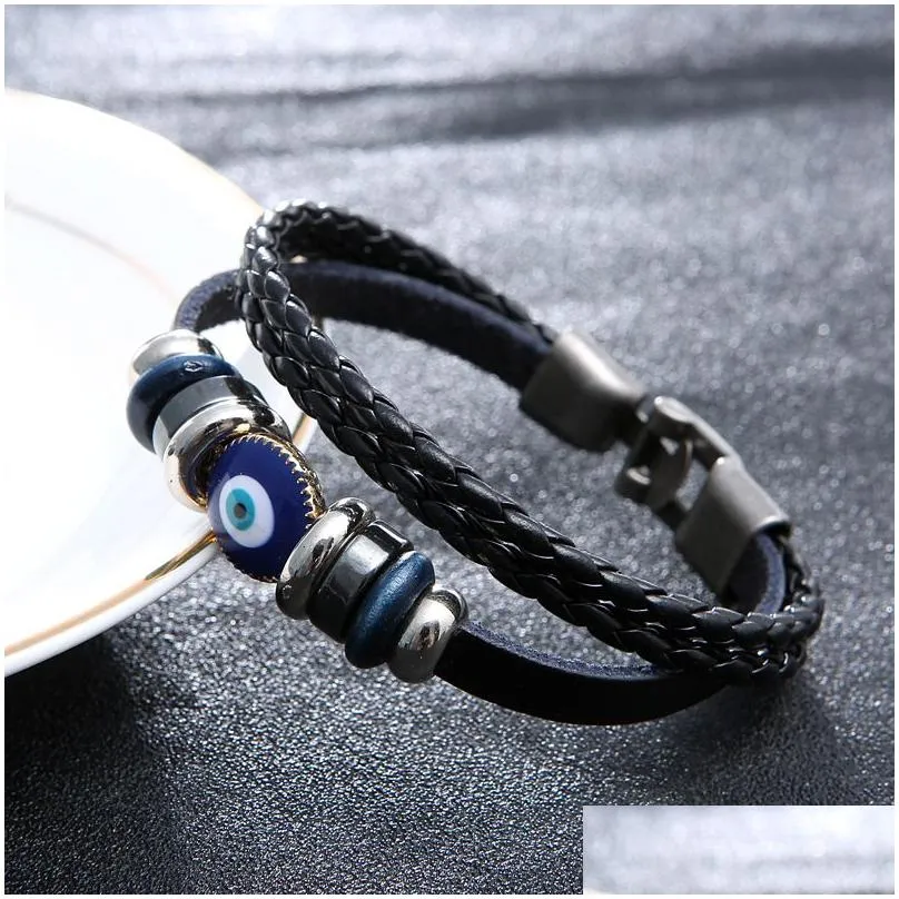 Charm Bracelets Genuine Leather Bracelets For Men Vintage Blue Eye Jewelry Hand-Woven Bracelet Drop Delivery Jewelry Bracelets Dhvhd