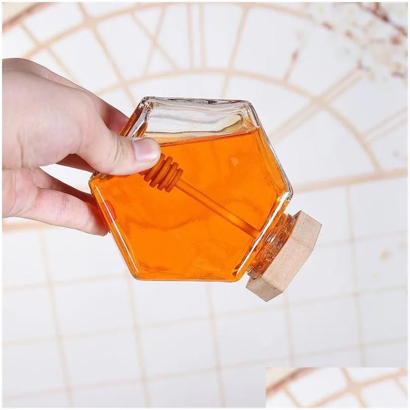 220ml/380ml transparent glass hexagon honey jar mini small sealed storage bottle with wooden stick spoon kitchen tools bottles jars